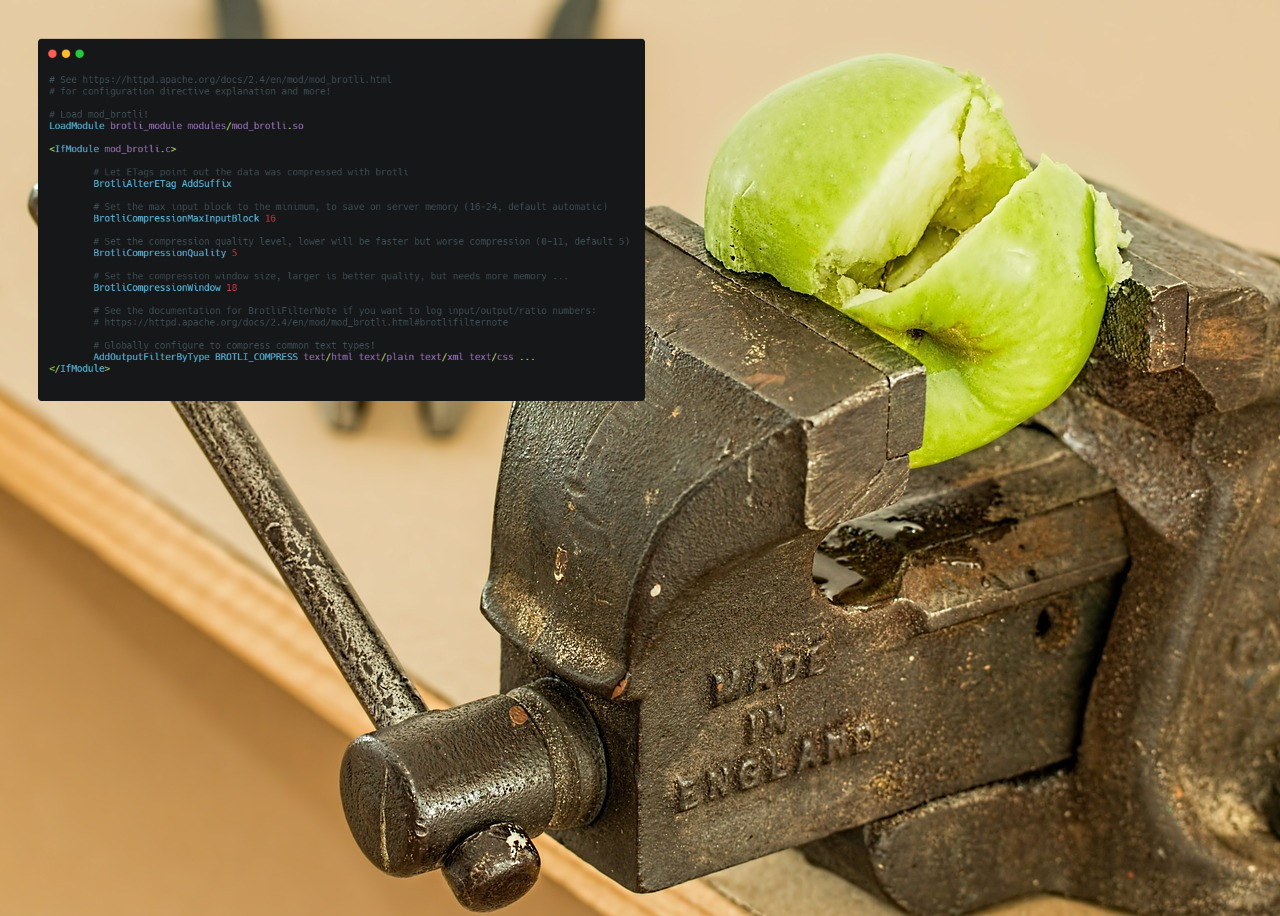 An Apache httpd .conf file and an apple being compressed, because I couldn't find an image of broccoli.
